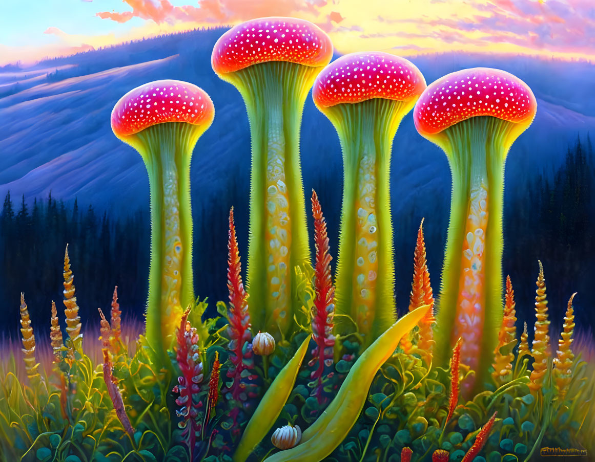 Fantastical painting of oversized luminescent mushrooms in a colorful forest landscape