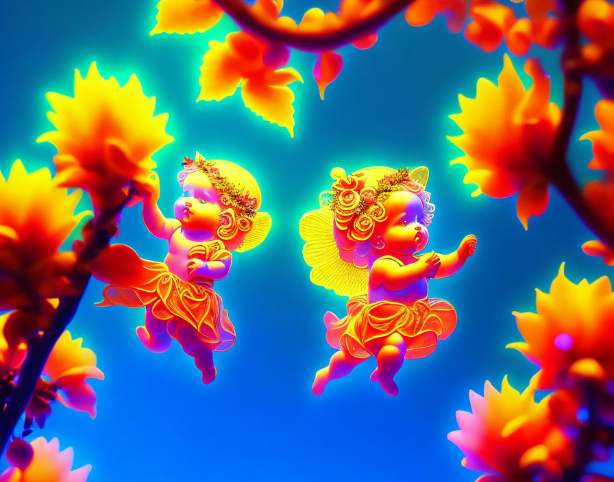 Colorful angelic figures in neon glow on blue background with glowing flowers