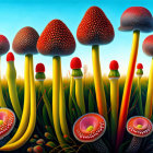 Vibrant surreal illustration of banana-shaped stems with red and pink flowers against blue sky