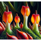 Vibrant red tulip-like flowers with white dots on dark background