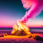 Colorful sunset beach scene with bonfire, tent, kayak, and lifebuoy