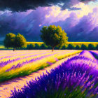 Lavender field painting with stormy sky, trees, and path