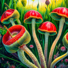 Colorful illustration of oversized red-capped mushrooms in lush vegetation