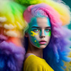 Vibrant rainbow hair and makeup with fluffy clouds on teal background