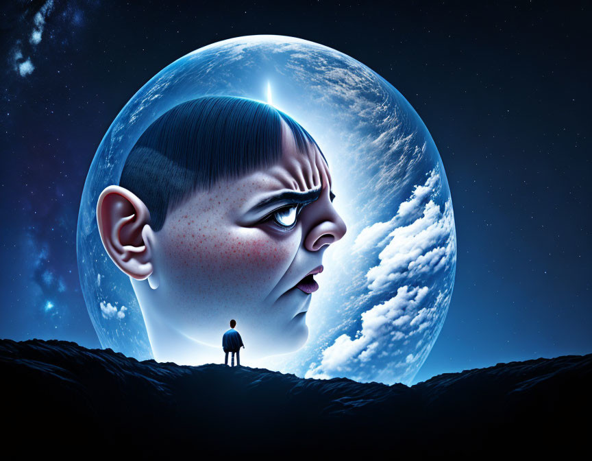 Giant child's head and tiny figure in surreal night scene