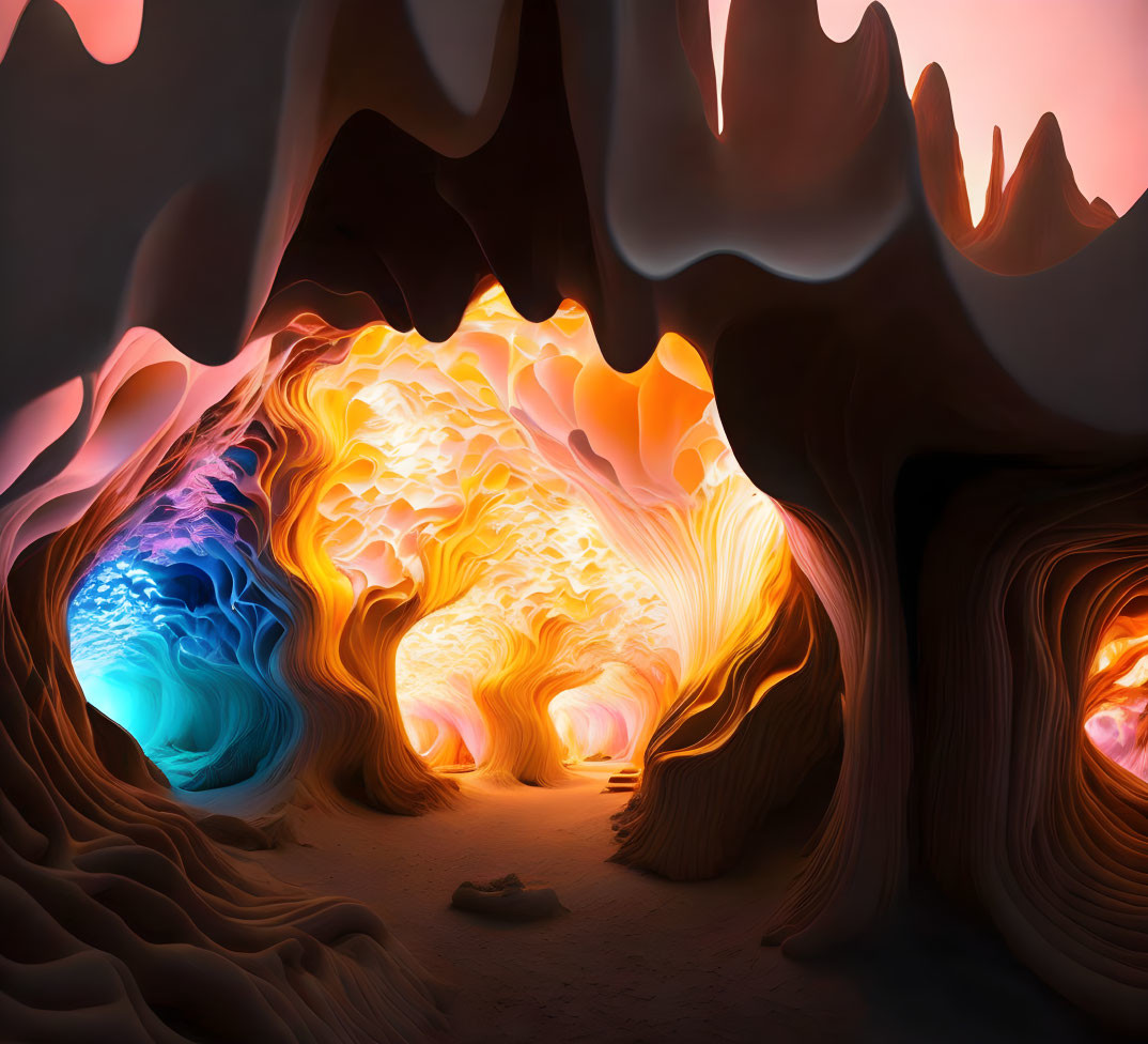 Colorful Surreal Cavern Glowing in Orange, Blue, and Yellow