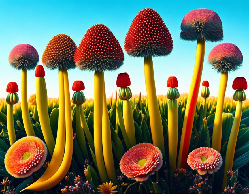 Vibrant surreal illustration of banana-shaped stems with red and pink flowers against blue sky