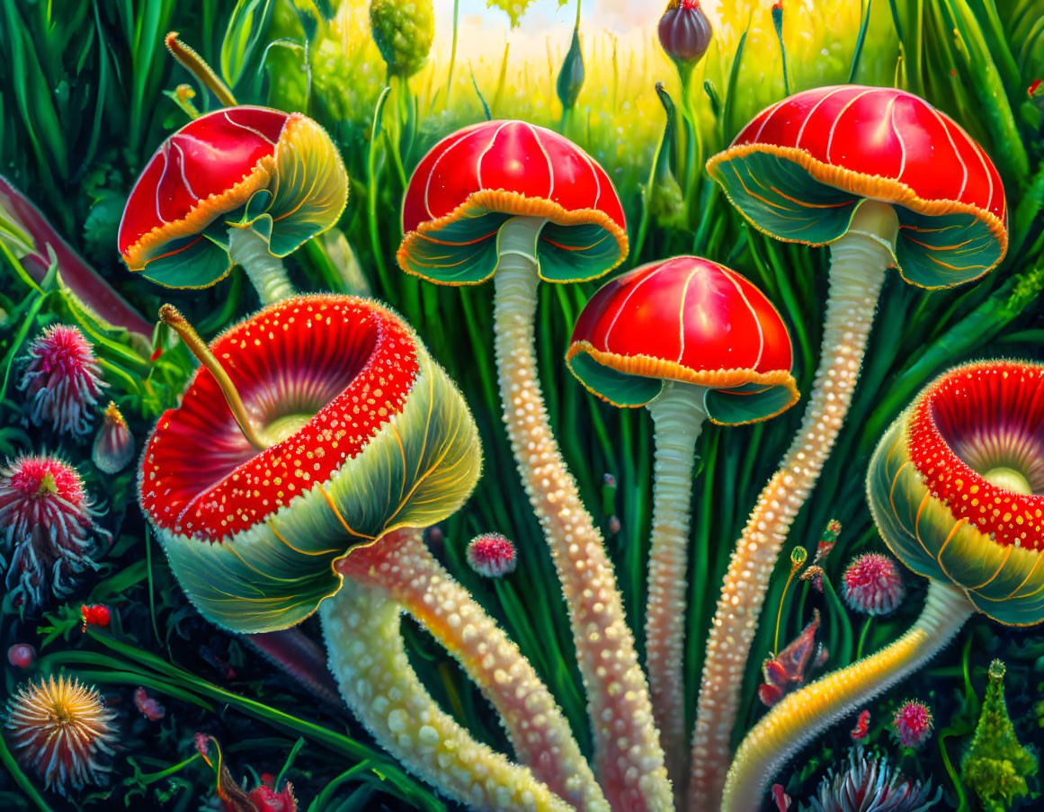 Colorful illustration of oversized red-capped mushrooms in lush vegetation