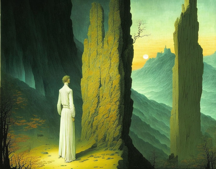 Person in white robe between tall rock formations at sunset