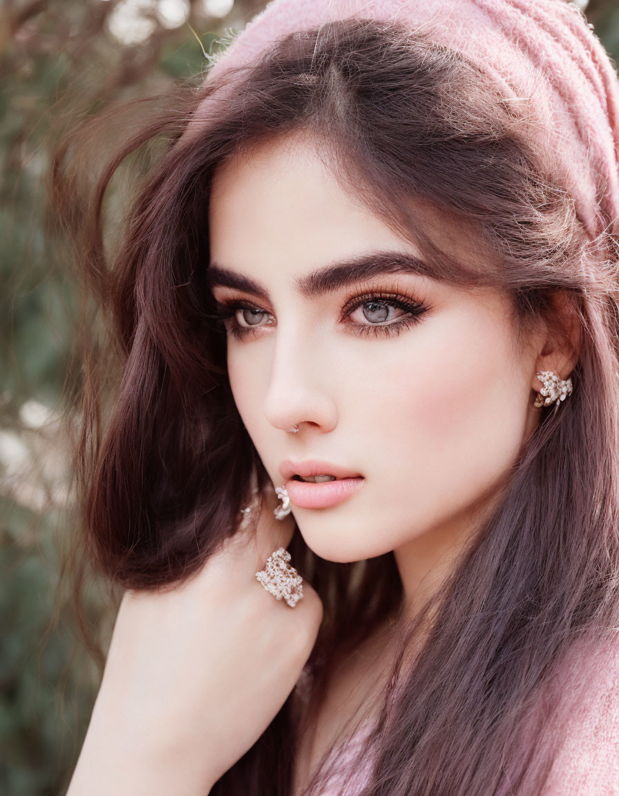 Portrait of a woman with dark hair, piercing eyes, pink headscarf, and sparkling earrings