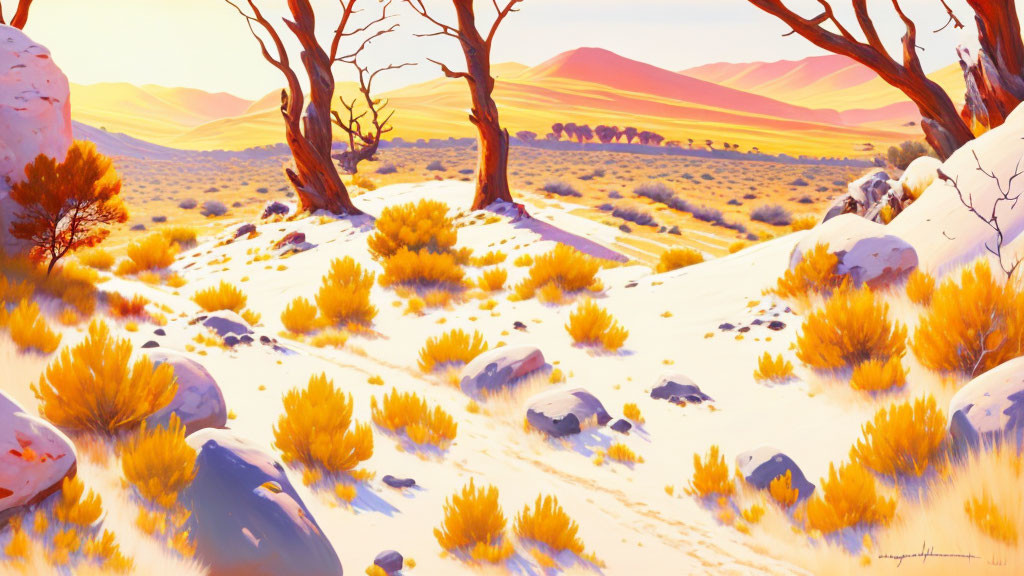 Desert landscape with golden shrubs, snow patches, reddish dunes, and bare trees