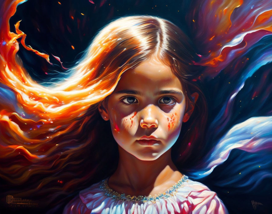 Young girl portrait with intense eyes and fiery hair against cosmic backdrop