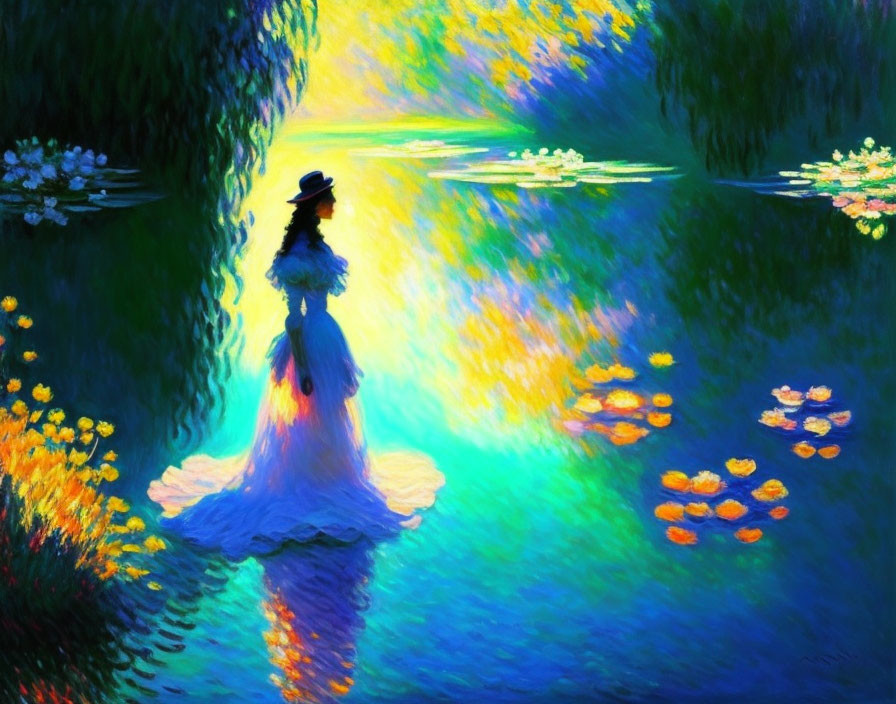 Impressionist painting of person in white dress by waterway