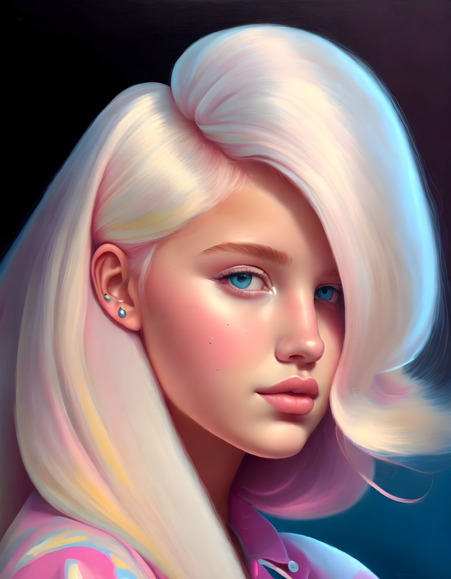 Portrait of young woman with stylized blonde hair and blue eyes