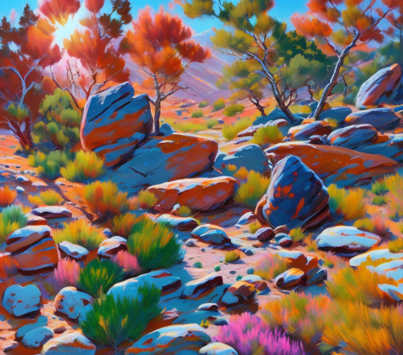 Colorful Landscape Painting of Sunlit Rocky Terrain