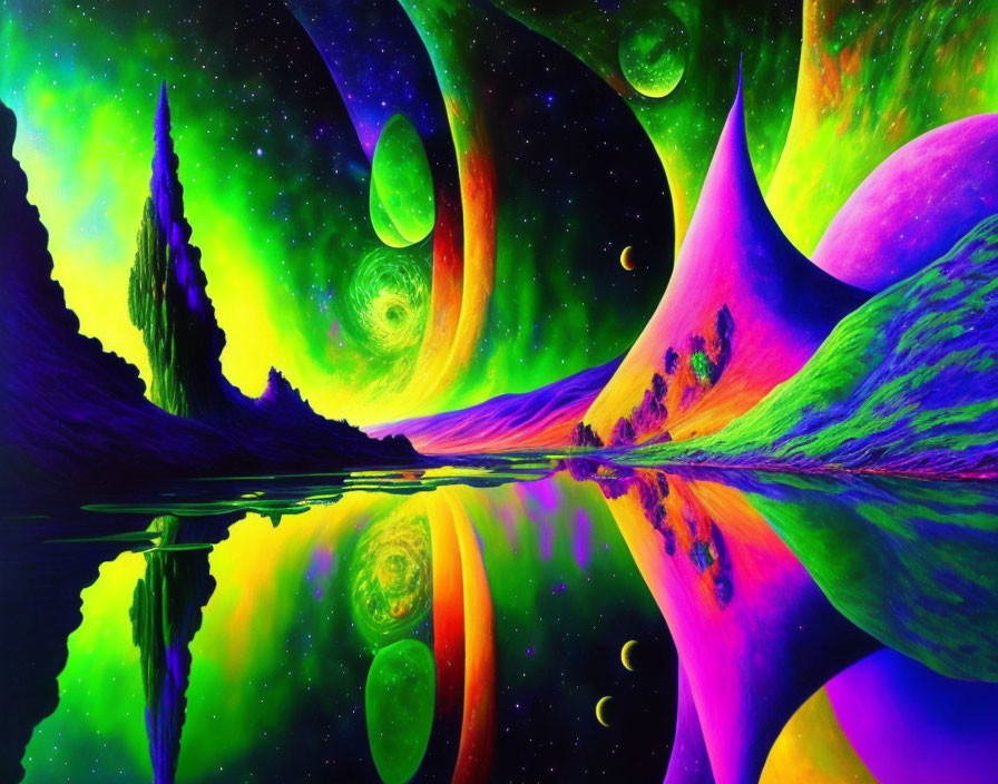 Surreal cosmic landscape with neon colors and planets