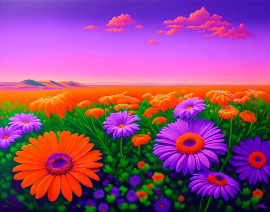 Colorful Flower Field Painting: Sunset Scene with Purple and Orange Flowers