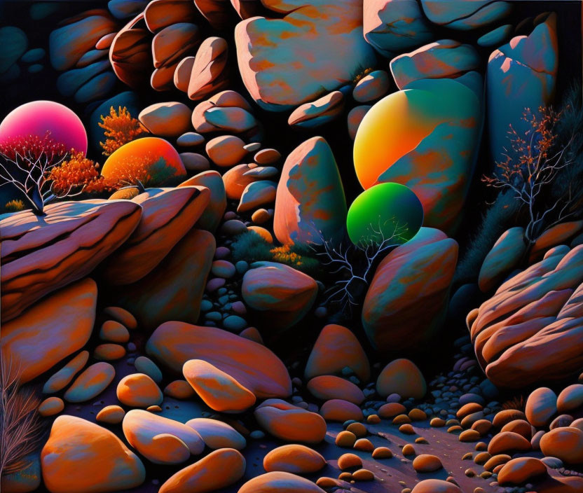 Colorful Surreal Landscape Painting with Textured Rocks and Bright Trees