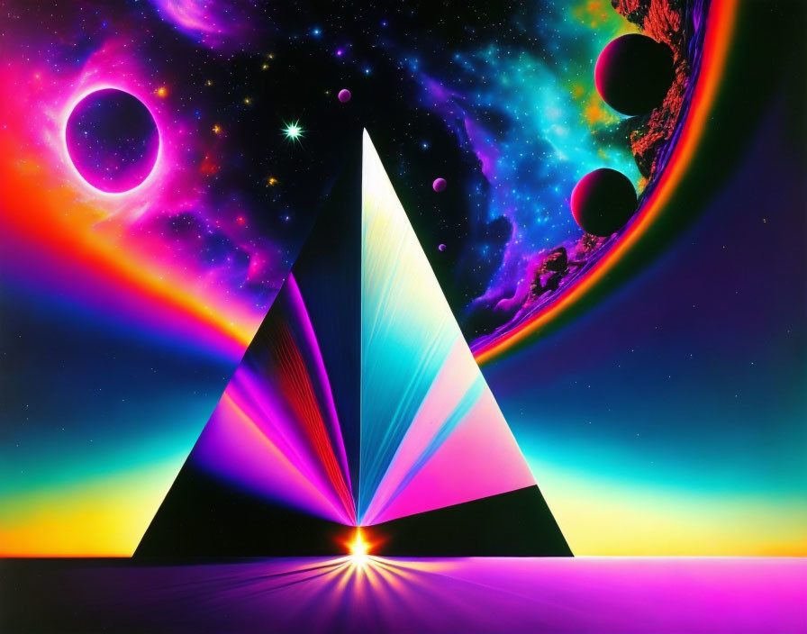 Colorful Pyramid in Cosmic Space with Stars and Galaxy on Neon Background