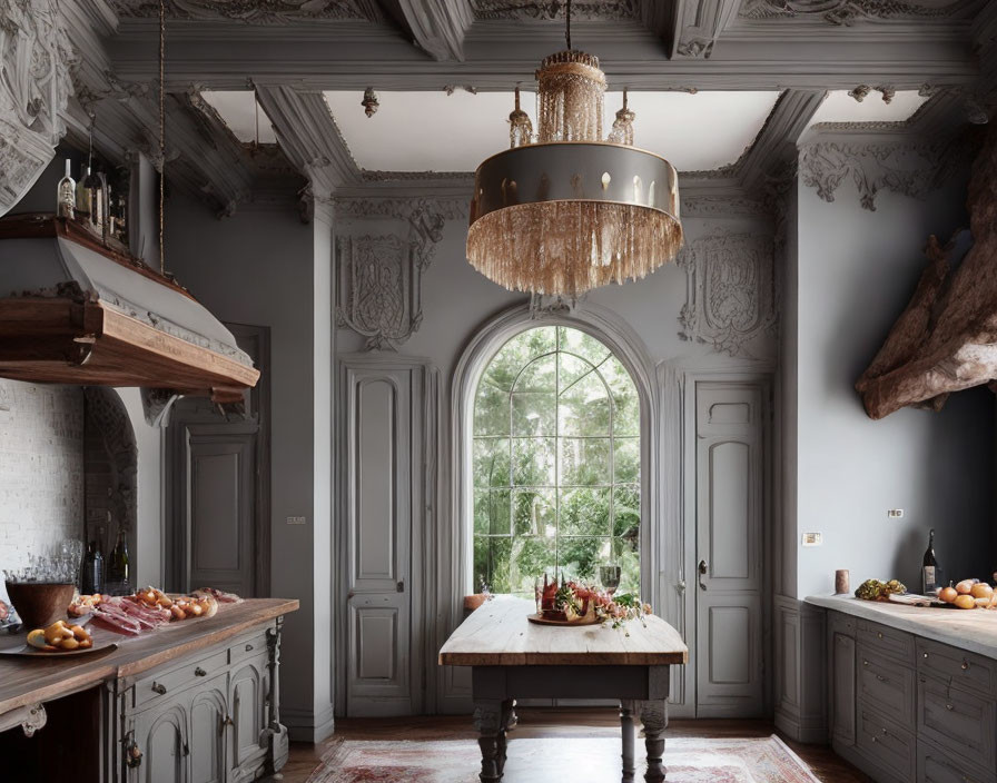 Vintage kitchen with grey ornate cabinetry, rustic wooden island, grand chandelier, and garden view