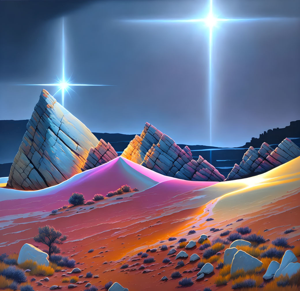 Colorful Faceted Mountains in Surreal Desert Landscape