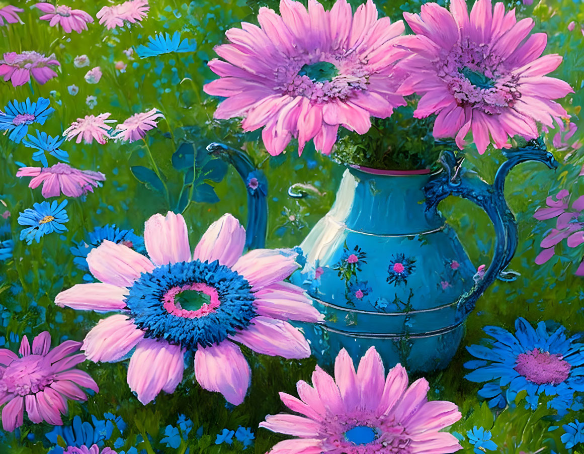 Colorful painting of pink gerbera daisies and blue teapot vase in a field of