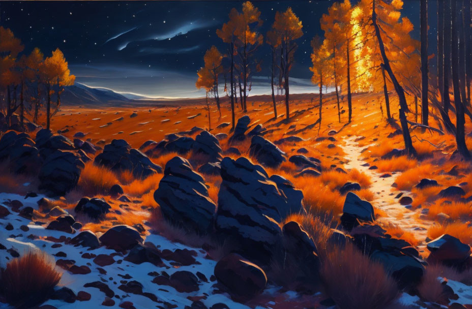 Twilight landscape with fiery orange glow on grass