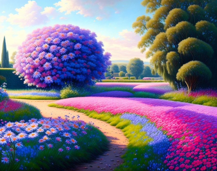 Lush tree landscape with winding path and colorful flowers