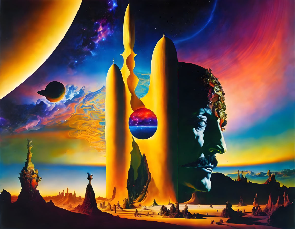 Surrealist artwork with human profile in cosmic setting