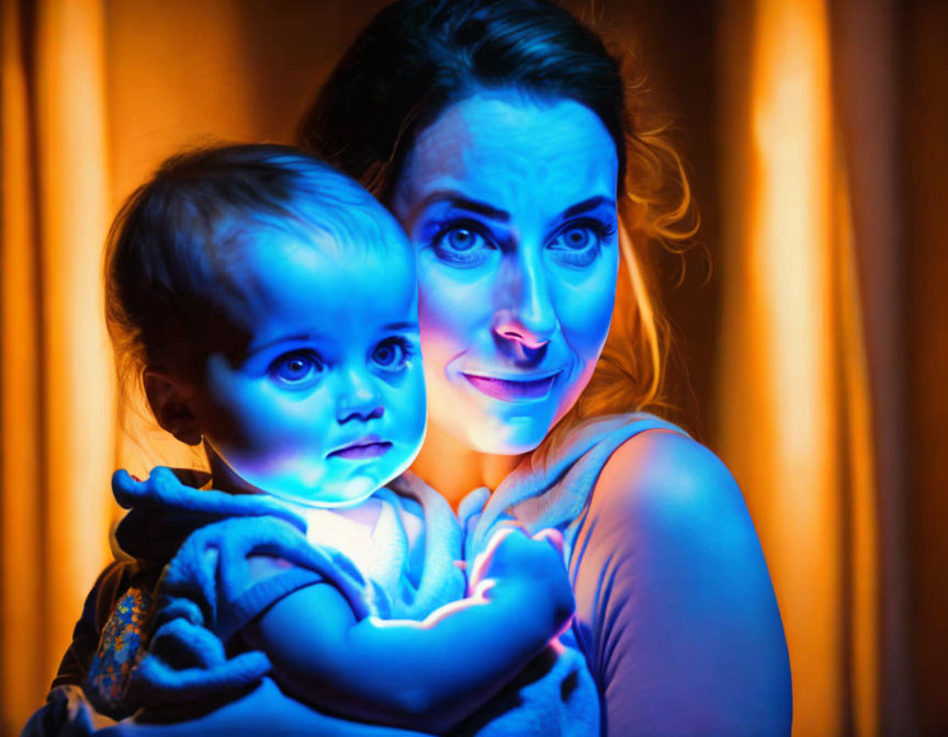 Woman and baby under blue and orange lights with surprised expressions