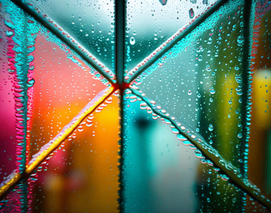 Colorful umbrella with raindrops on blurred background.