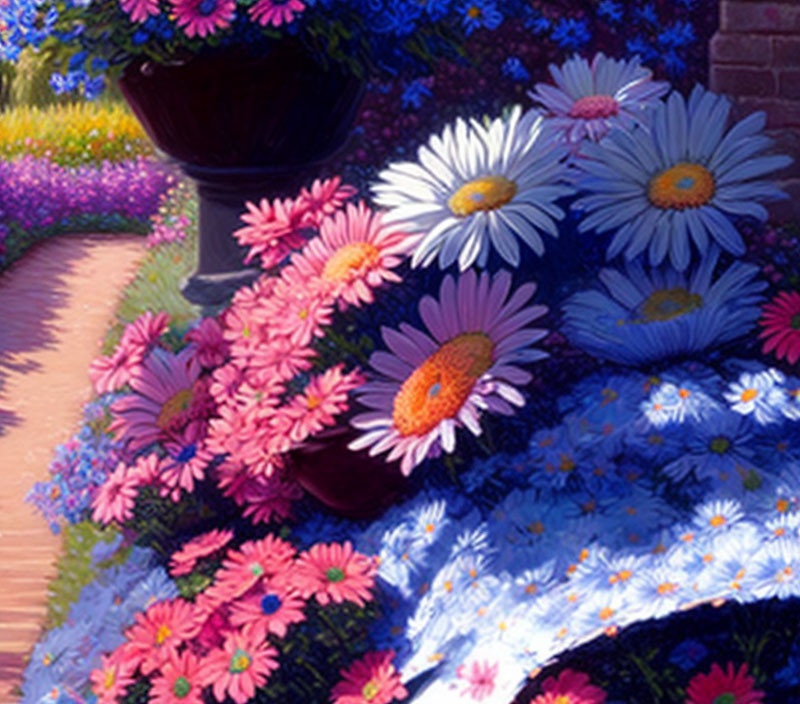 Colorful garden painting with large white daisies and dark planter