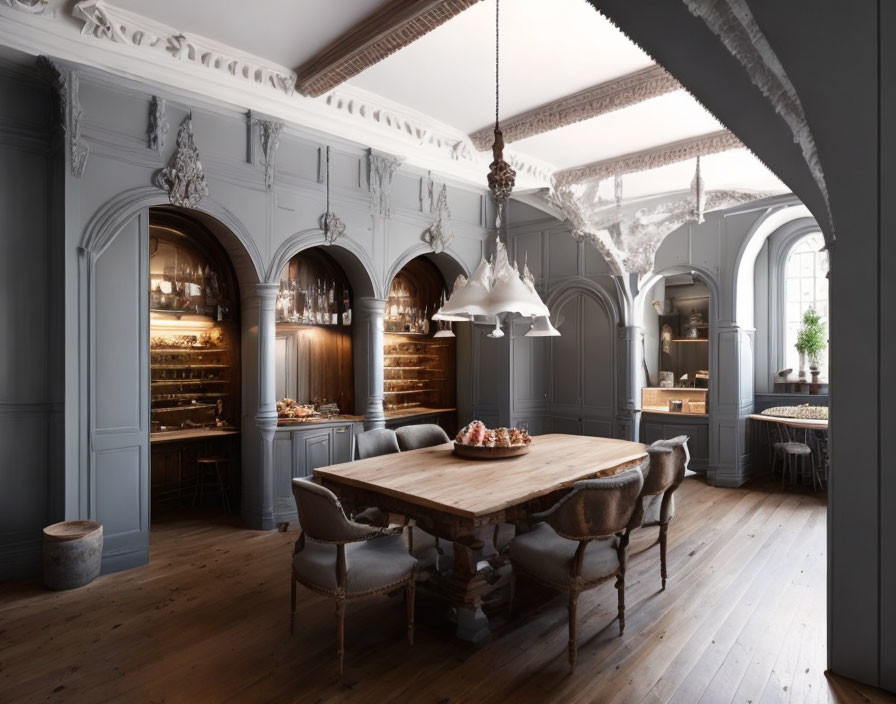 Classic Wooden Table & Ornate Wall Panels in Elegant Dining Room