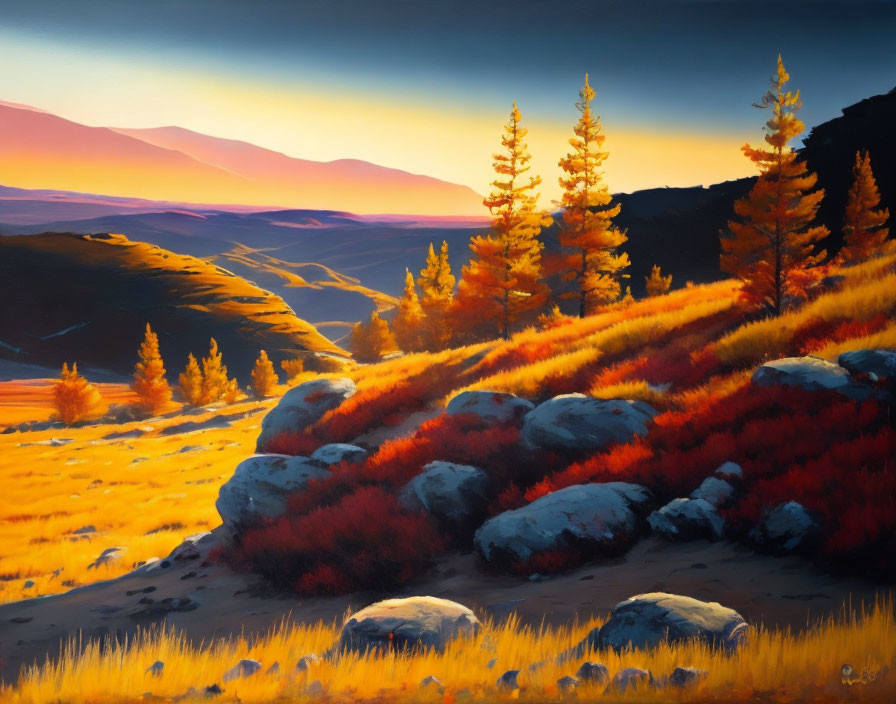 Vibrant autumn landscape with orange and yellow foliage, sunlit hills, and large rocks under warm