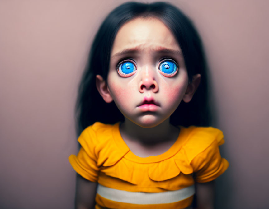 Young girl with large blue eyes in yellow dress on pink background