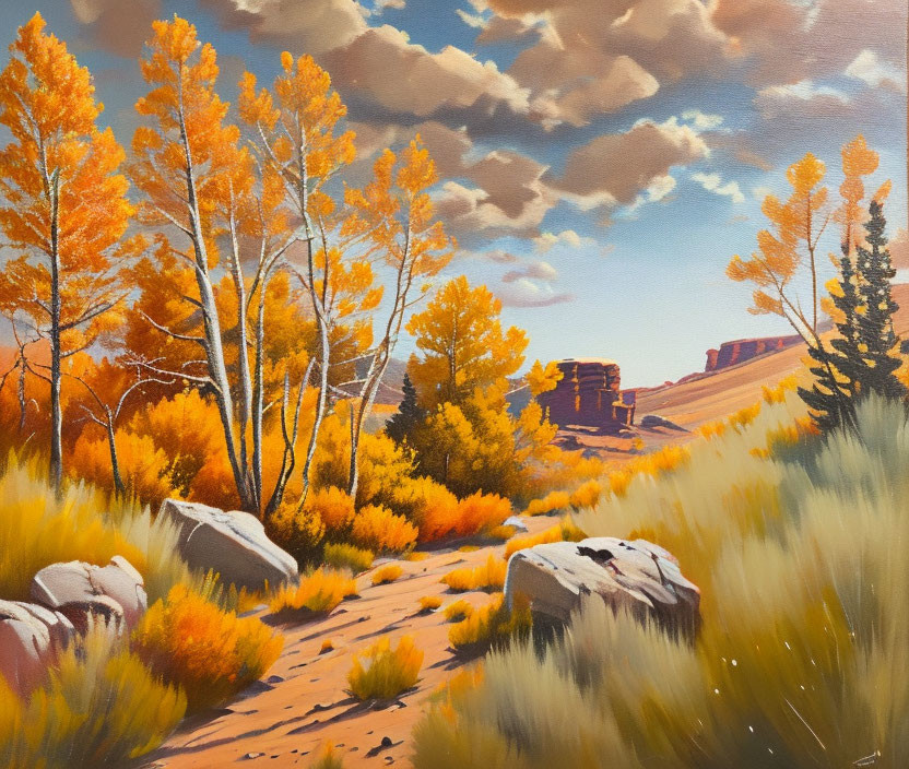 Vibrant autumn landscape with orange-yellow trees, trail, rocks, and cliffs against blue sky