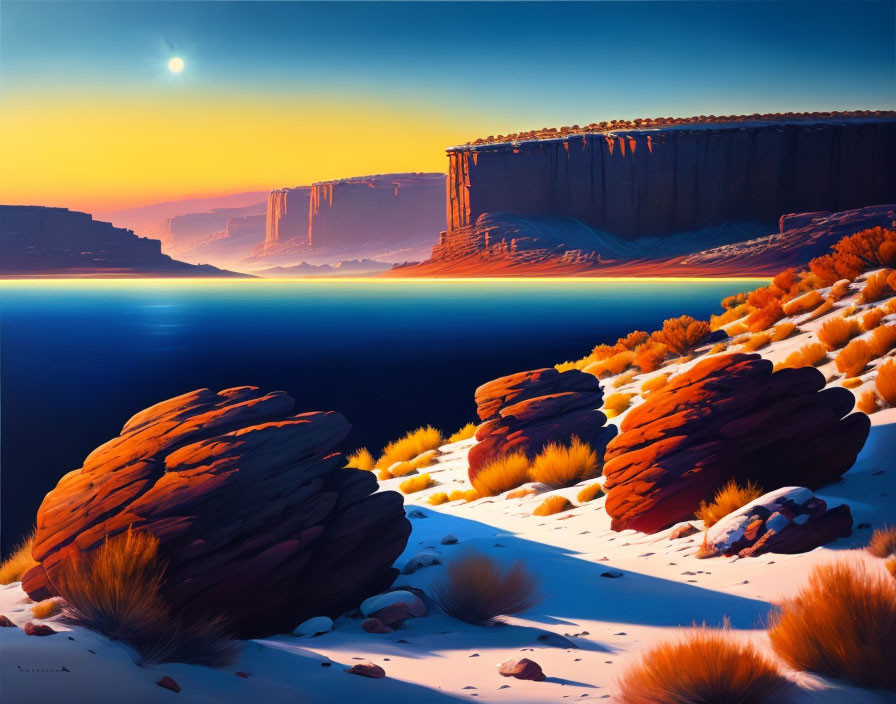 Twilight desert landscape with red rock formations and long shadows