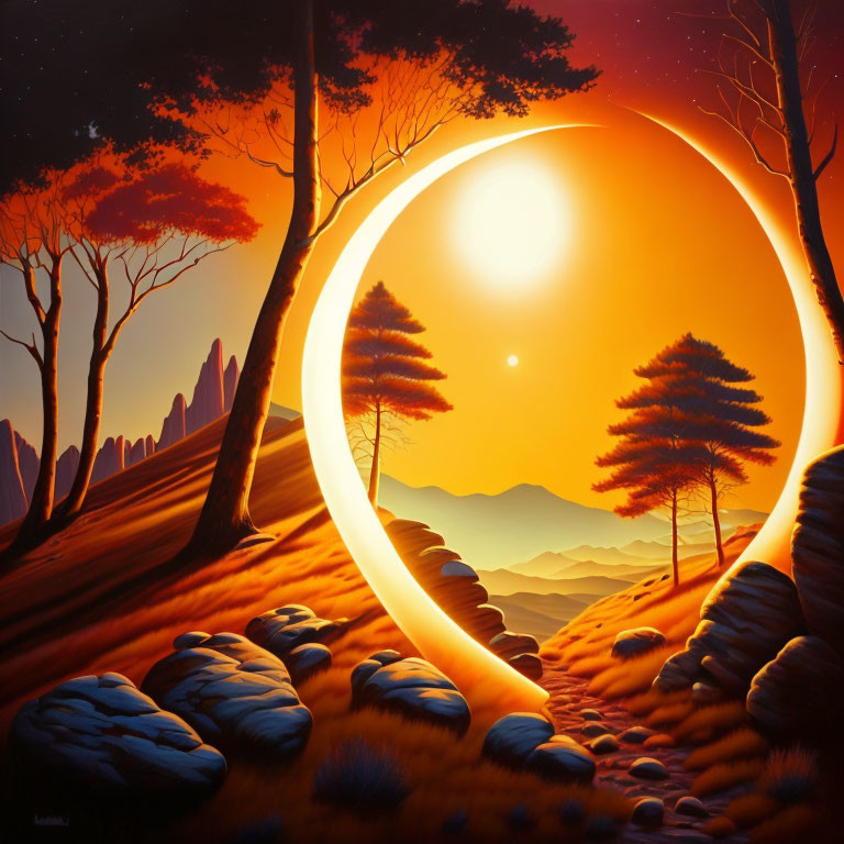 Surreal landscape with orange moon, silhouetted trees, mountains