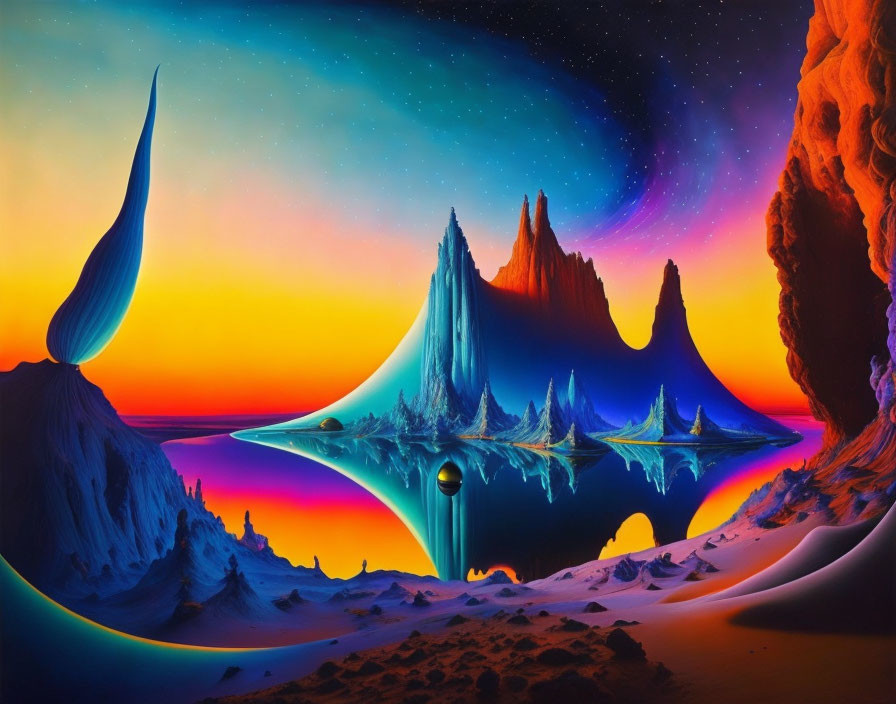 Colorful surreal landscape with alien peaks and celestial backdrop