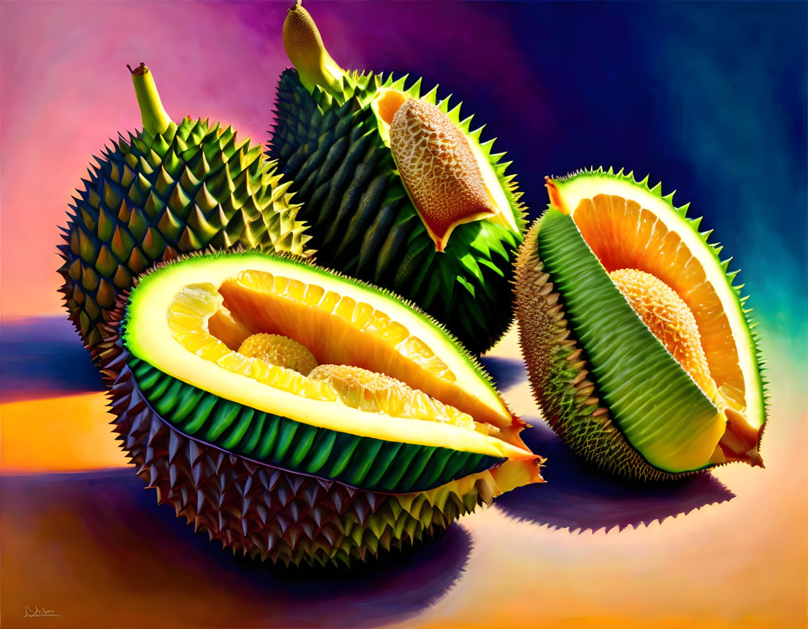 Colorful painting of whole and sliced durians on abstract background