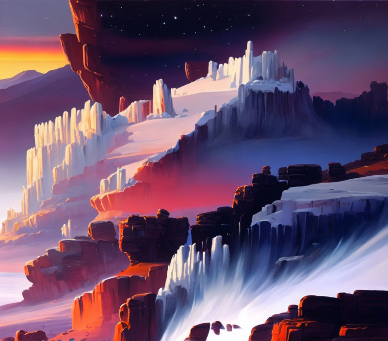 Fantastical icy cliffs and flowing river under starry twilight sky