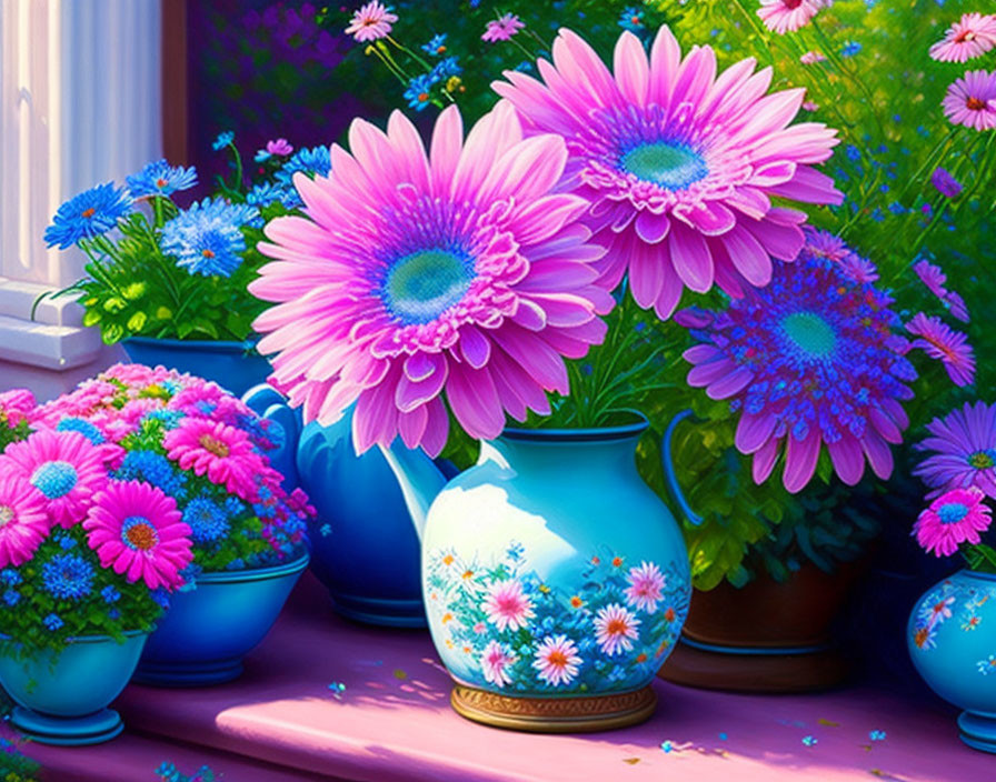 Colorful pink and purple flowers in blue vase with matching pots on sunny window ledge