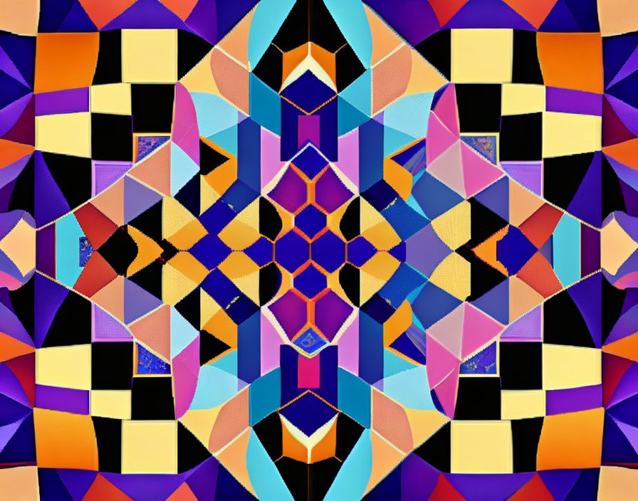 Vibrant Symmetrical Abstract Digital Art with Kaleidoscopic Geometric Patterns