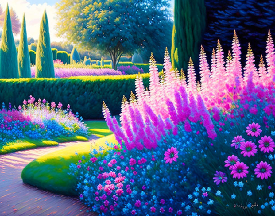 Lush garden with pink and purple flowers, cypress trees, and manicured bushes