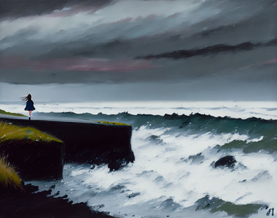 Solitary figure on cliff gazes at tempestuous sea and brooding sky