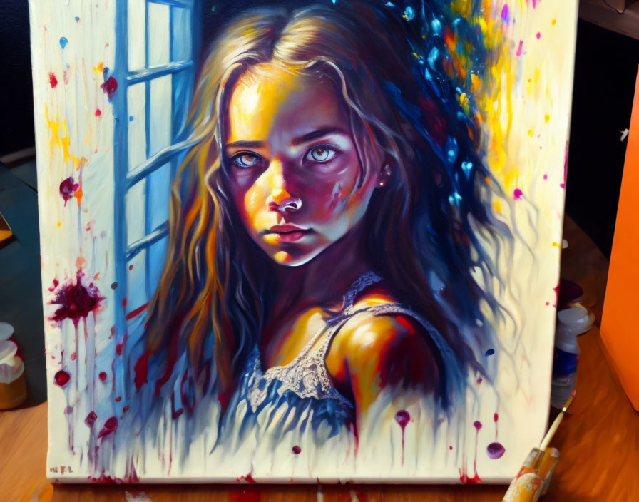 Colorful painting of young girl with expressive eyes on easel