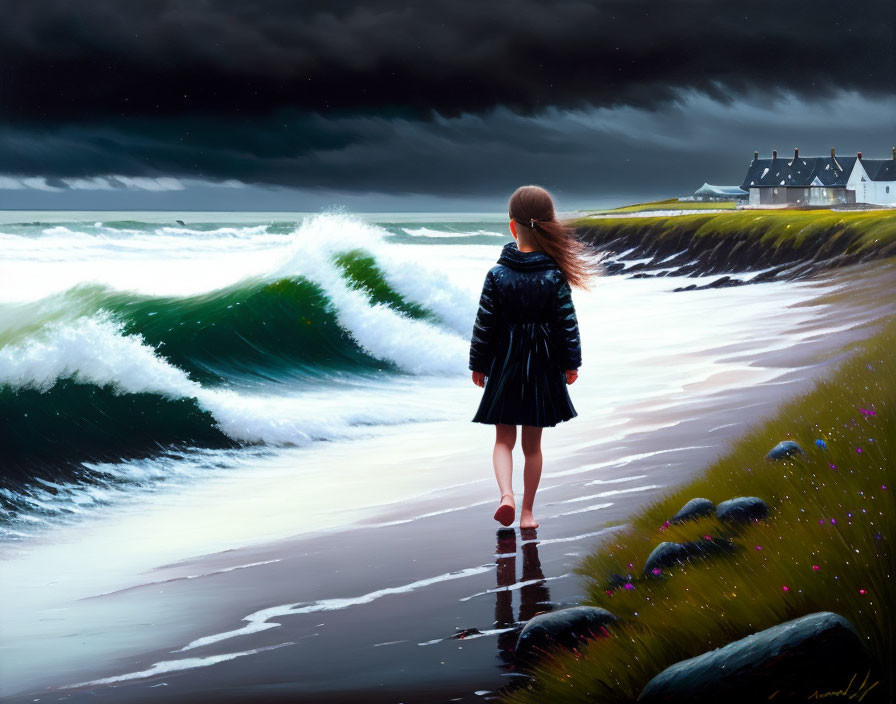 Lonely girl on dark beach with stormy skies and turbulent waves