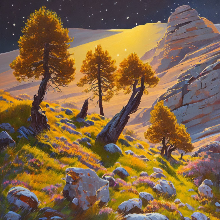 Sunlit meadow with purple flowers, rocks, pine trees, and starry sky.