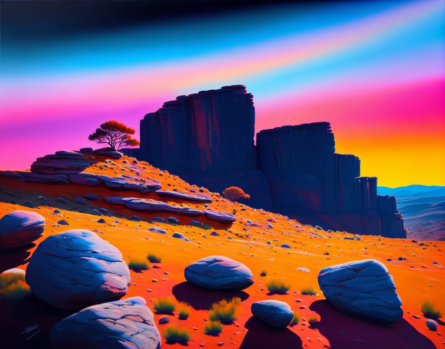 Colorful Desert Landscape at Dusk with Purple Skies and Silhouetted Rock Formations