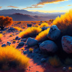 Vibrant desert landscape at sunset with orange light, golden bushes, and large rocks